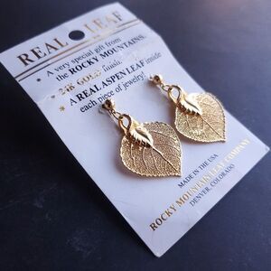 Real Leaf Aspen Earrings 24K Gold Finish Rocky Mountain Colorado Dangle